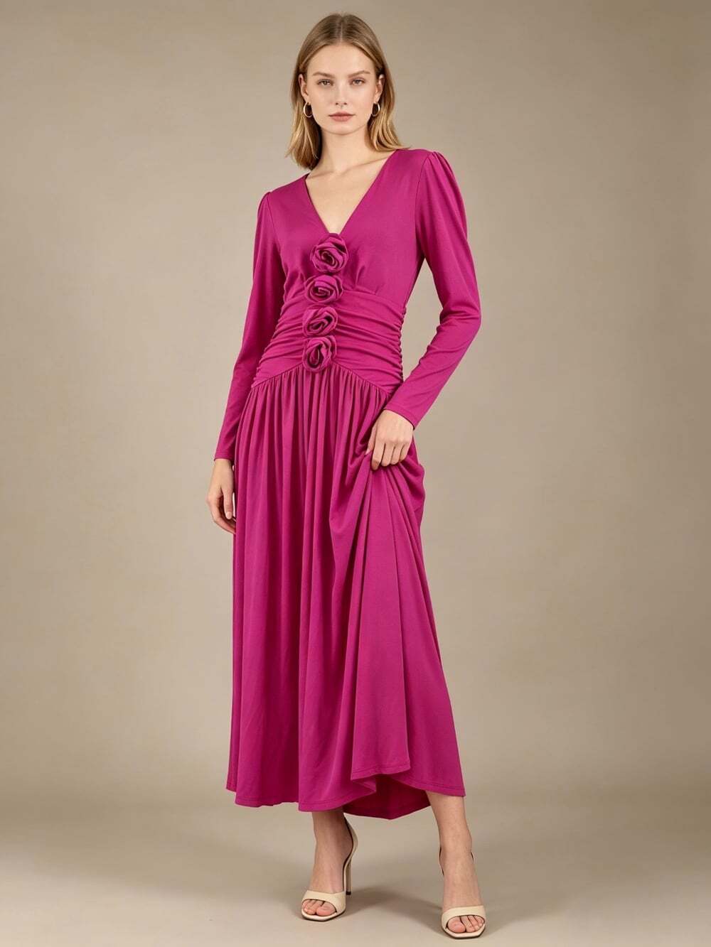 NWOT Farm Rio Pink 3d Roses Long Sleeve Draped Midi Dress Size S